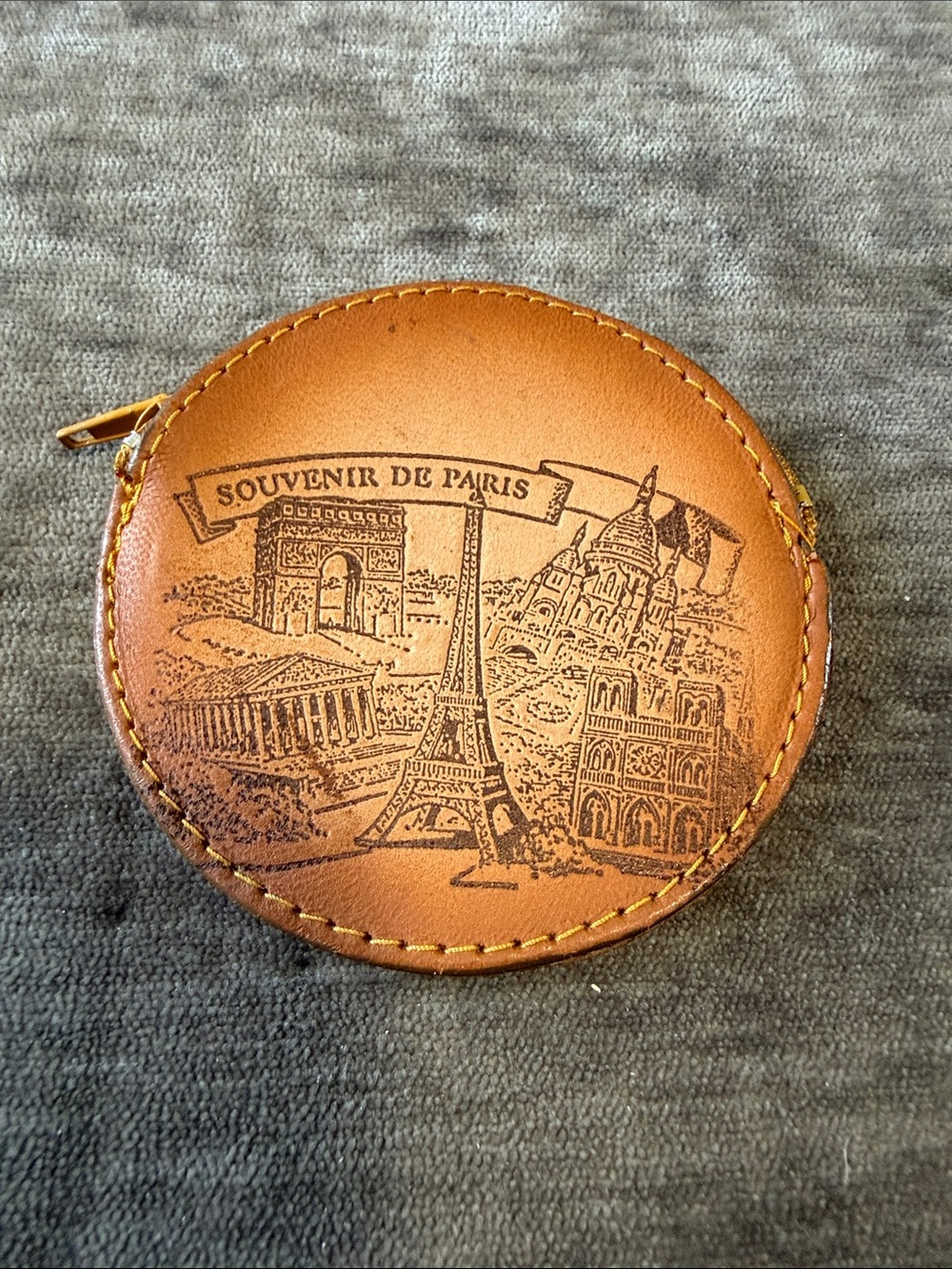 Souvenir de Paris Round Zip Coin Purse - Tan Real Leather